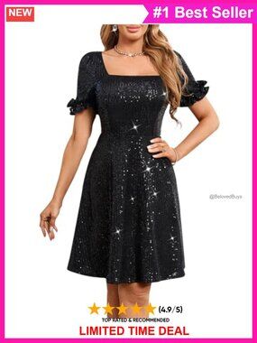 Sequin Puff Sleeve Square Neck Short A-Line Party Dress